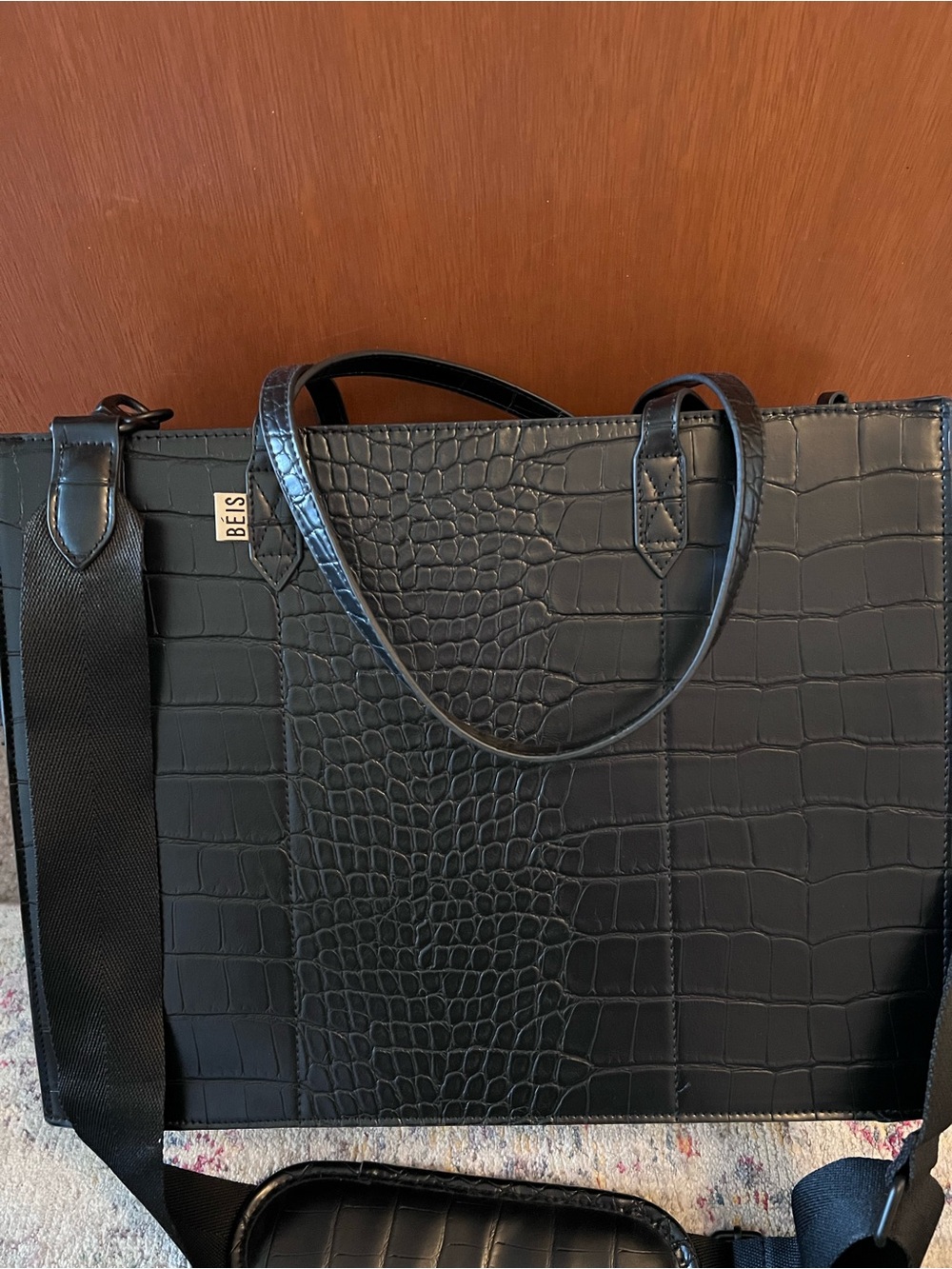 BEIS Black Croc-Embossed Tote with Detachable Strap